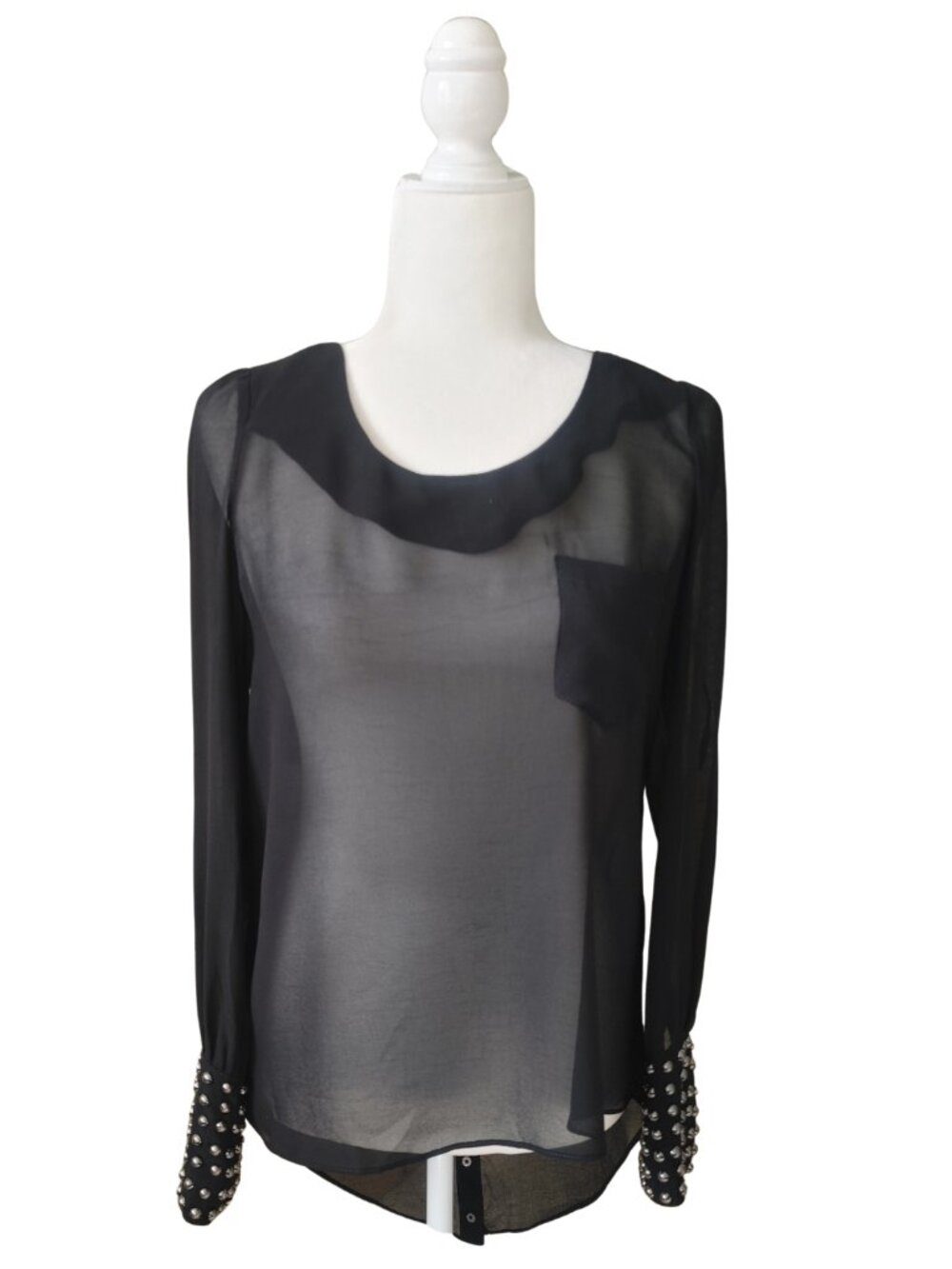 DOUBLE ZERO Black Sheer Studded Cuff Blouse Button Back - Size Small